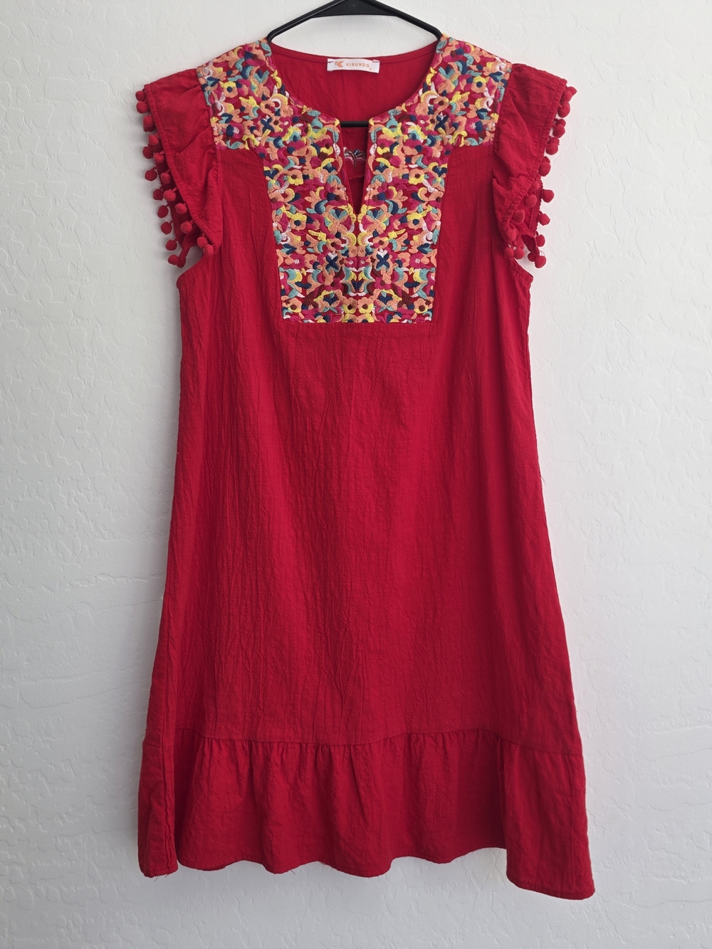 Red Embroidered Dress with Pom-Trim